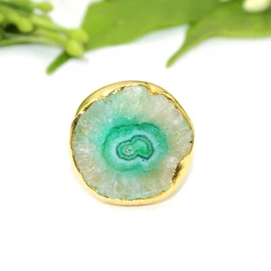 Natural Flower Light Green Solar Quartz Gold Plated Adjustable Rings Gift Her - Picture 1 of 2