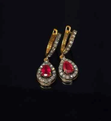 Natural Ruby Gemstone Pave Diamond Earring 925 Sterling Silver Victorian Jewelry - Image 1 of 4