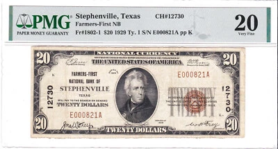 $20 1929T1 🇺🇸 STEPHENVILLE Texas TX 🇺🇸 PMG 20 Grade 🇺🇸 - Image 1 of 2