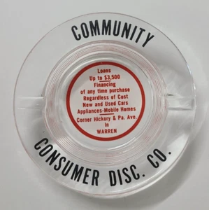 Vintage Warren PA Verbraucher Rabatt Co Darlehen Werbung 5" 2 Rest Glas Aschenbecher - Bild 1 von 4