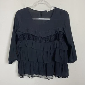 Sandro Ruffle Babydoll Black Blouse Size 2 Lace Accent - Picture 1 of 5