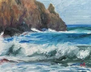 Original art oil painting Impressionist Cornish seascape Cornwall. J Smith - Picture 1 of 5