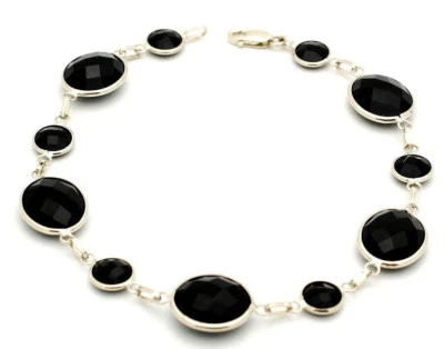 Brazalete de ónix negro redondo y ovalado de corte elegante de oro blanco de 14K de 7,5 pulgadas Foto 1 de 3