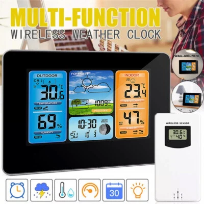 Funk Wetterstation Thermometer Mit Farbdisplay Innen-Außensensor Digitale Wecker - Bild 1 von 4