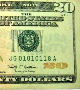 2009 Series Banknote $20 Dollar Bill Trinary Serial Number 01010118 * 331 * - Picture 1 of 3