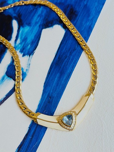 Collana Christian Dior vintage anni 80 blu acqua bianco triangolo cristalli grossi