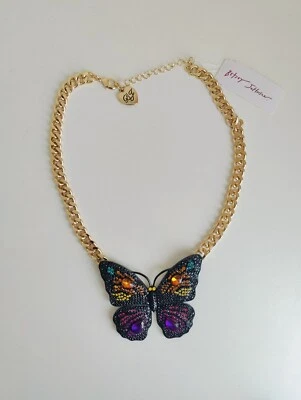 Betsey Johnson Gold Tone Black Purple Butterfly Pendant Necklace Crystal Choker - Image 1 of 4