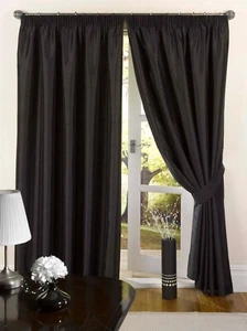 FAUX SILK BLACK CURTAINS TIE BACKS READY MADE PENCIL PLEAT DARK EBONY SLATE - Picture 1 of 1