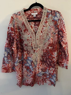 Túnica Charter Club Fin de Semana Algodón Colorido Para Mujer XL Bordada Mangas 3/4 Foto 1 de 4