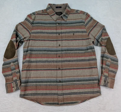 Pendleton Trail Shirt Men's L Brown Striped Wool Elbow Patch Western Outdoors - Image 1 of 4