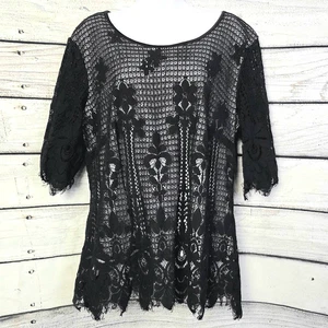 Chicwe Black Floral Lace Overlay Top 1X - Picture 1 of 8