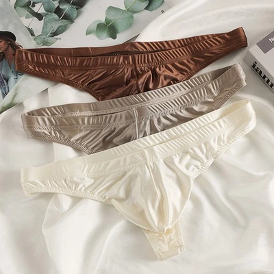 Men's Satin Thong Underwear Sexy Style Solid Pattern Mid Rise Hand Wash - Image 1 of 4