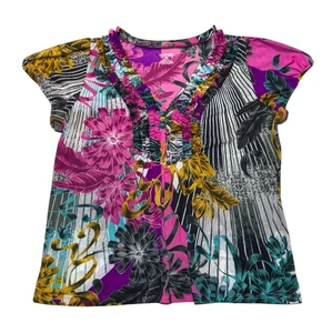 Lane Bryant Colorful Floral Puff Sleeve Blouse Womens 18/20 Ruffled V Neck Top - Picture 1 of 8