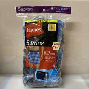 Hanes Men's Cool Comfort Moisture Wicking Boxers Blue Plaid Size Large (5 Pack) - Picture 1 of 3
