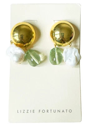 LIZZIE FORTUNATO Cascada Pendientes Colgantes Clip-On Perla Verde Acrílico Oro Cúpula NUEVO Foto 1 de 4
