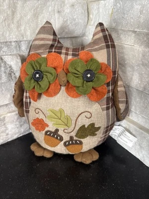  Standing Owl Plush  Button Eyes  Appliques Country Home Fall Leaves Acorns - Image 1 of 4