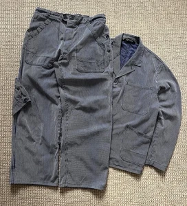 70s French Vintage Striped Distressed Cotton Works Worn Suit Jacket and Pants - Picture 1 of 24