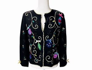 Christmas Sweater Size P/S Designer Studios Joy Bows Gold Crochet Edge Buttons - Picture 1 of 15