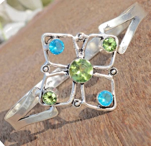 Faceted Peridot & Blue Topaz Gemstone 925 Sterling Silver Cuff Bangle For Girl's - Picture 1 of 9