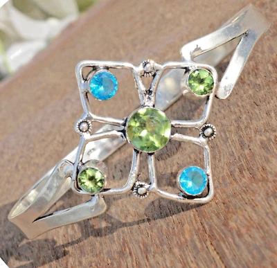 Faceted Peridot & Blue Topaz Gemstone 925 Sterling Silver Cuff Bangle For Girl's - Image 1 of 4