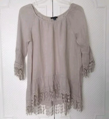 Saks Fifth Avenue Mujer M Lino Top Encaje Gasa Lagenlook Boho Cubrir Playa Foto 1 de 4