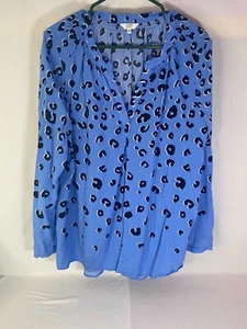 Crown & Ivy Blue Black & White Design Open-Neck Size XL Long Sleeve Blouse - Picture 1 of 6