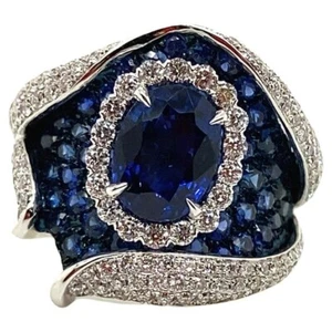 5.84 TCW Oval & Round Cut Sapphire Fancy Party Wear 935 Silver RIng For Woman - Picture 1 of 13