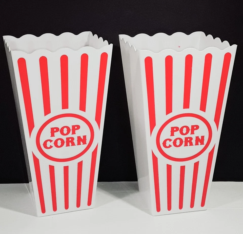 Set of 2 Reusable Plastic Popcorn Tubs Containers for Movie Night - 6 1/2 Inches