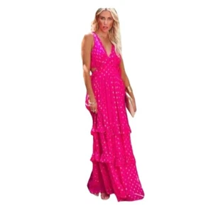 En Crème Womens Dress Hot Pink and Gold Tiered Maxi Sz Med - Picture 1 of 11