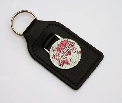 Triumph Leather & Enamel / Chrome Globe / World Emblem Key Fob, TR2, TR3 TR4 etc