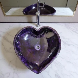 Heart Shape Stone Sink Wash Basin Handcrfted Amethyst Healing Crystal Stonework - Picture 1 of 9