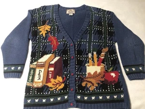 TIARA Intnl. Vintage Blue Cardigan Sweater School/TEACHER Oversize SIZE M (KK) - Picture 1 of 5