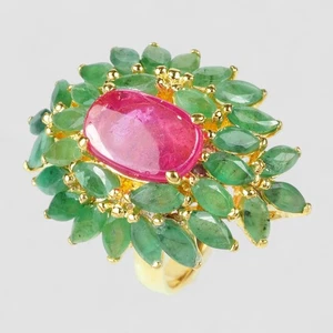 Emerald Leaf Green With Pink Ruby 925 Sterling Silver 24K Gold Handmade Rings - Picture 1 of 9