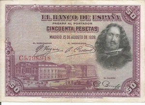 El Banco De Espana Cincuenta Pesetas 1928 50 Bank Note Bill # 10 - Picture 1 of 2