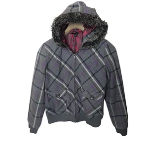 Volcom Women’s Sz Large Gray Plaid Full Zip Faux Fur Trim Hooded Jacket - Picture 1 of 8