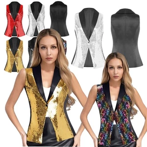 Womens Sequin Suit Vest Shawl Lapel Glitter Waistcoat Jazz Disco Dance Costume - Picture 1 of 63