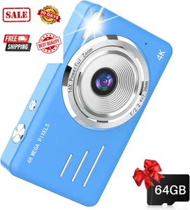 Digital Camera, 4K Kids Camera with 64GB Card, Compact Small Point and Blue - Picture 1 of 8