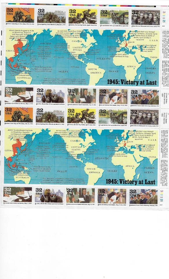 US Stamps  Sheets/Postage Sct #2981 WWII 1945:Victory MNH F-VF OG  FV $6.40 - Image 1 of 1
