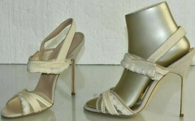 $1195 NEW Manolo Blahnik Suede Sandals NUDE Beige Linen White Shoes 5" HEELS 40 - Image 1 of 4