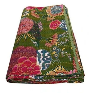 Indian Green Kantha Quilt Queen Size Reversible Bedspread Handmade Cotton Floral - Bild 1 von 8