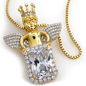 .925 Sterling Silver 18K Gold SOLID Angel WING Box Chain CZ Pendant Necklace - Picture 1 of 1
