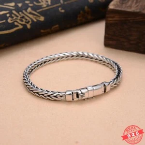8" Men Solid 925 Sterling Silver Chain Bracelet Braided Thin Rope Retro Bracelet - Picture 1 of 7