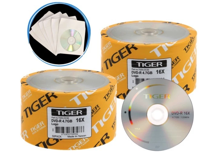 Tiger 16X Logo Top DVD-R Blank Disc 4.7GB + Paper Sleeves Wholesale Lot - Image 1 of 1