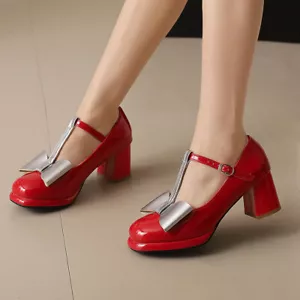 Women Block Heel T Strap Mary Jane Shoes Sweet Bows Lolita Party Dress Pumps - Picture 1 of 24