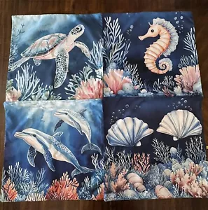 Lot 4 Throw Pillow Cover Shells Coastal Ocean Turtle Seahorse NO PILLOW INSERT - Picture 1 of 9