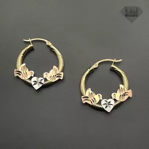14K Gold Hoop Earrings Tri Color Heart & Dove 25MM Hoop Earrings For Women Girls - Picture 1 of 2