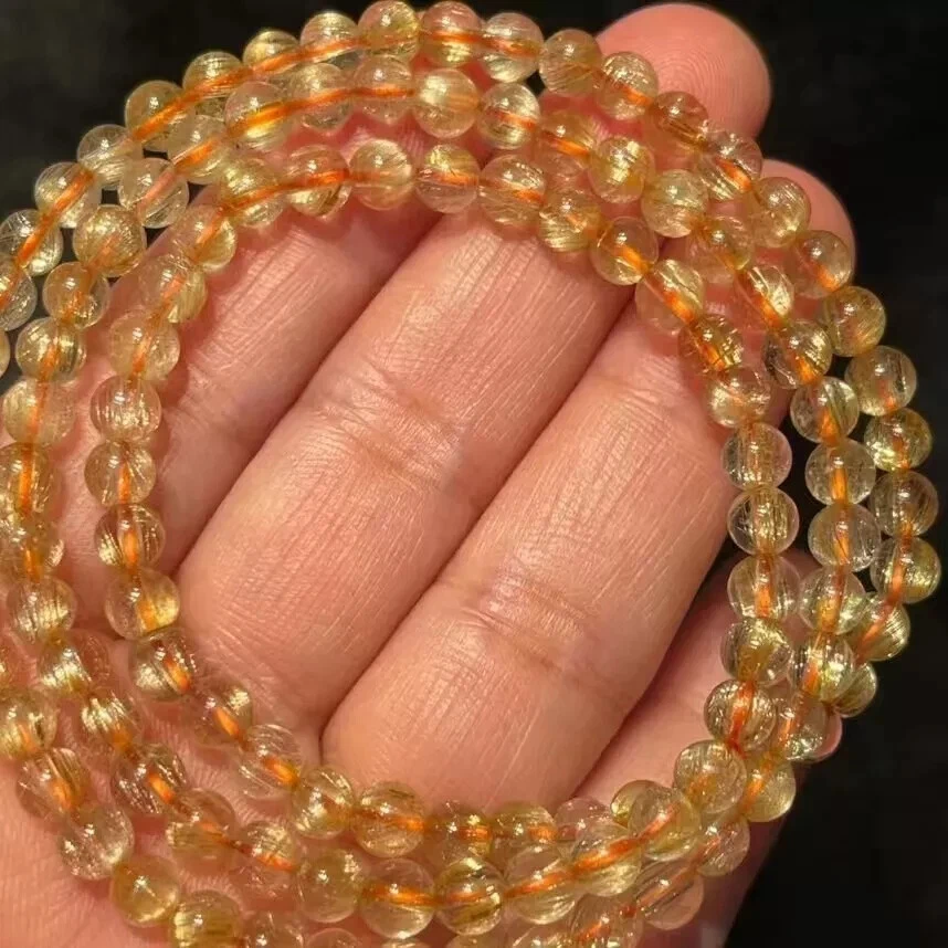 Natural Crystal Beads Bracelet Gold Titanium Rutilated AAA 6-5mm 3rows - Image 1 of 1