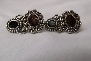 Brighton Vintage Park Avenue Red Black Leather Silver Post Earrings - Picture 1 of 4
