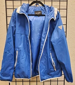 GUESS Royal Blue Hooded Zip Up Windbreaker Jacket, Size Medium - EUC - Picture 1 of 6