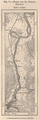 Honda And La Dorada Railway. Rio Magdalena. Colombia 1885 Old Antique Map • 7.99£